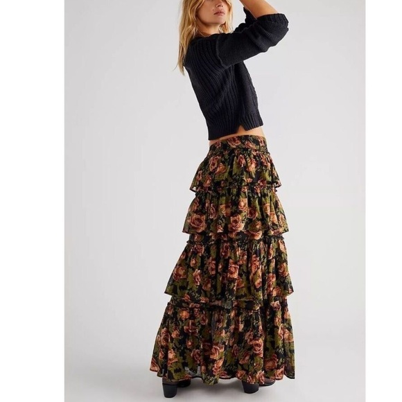 Free People Dresses & Skirts - Free People Sawyer Floral Tiered Maxi Skirt - Black, Orange, & Green size Small